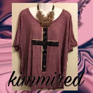 Mauve-Purple/Black Cross Dolman Sleeve Top~XXXL/3X